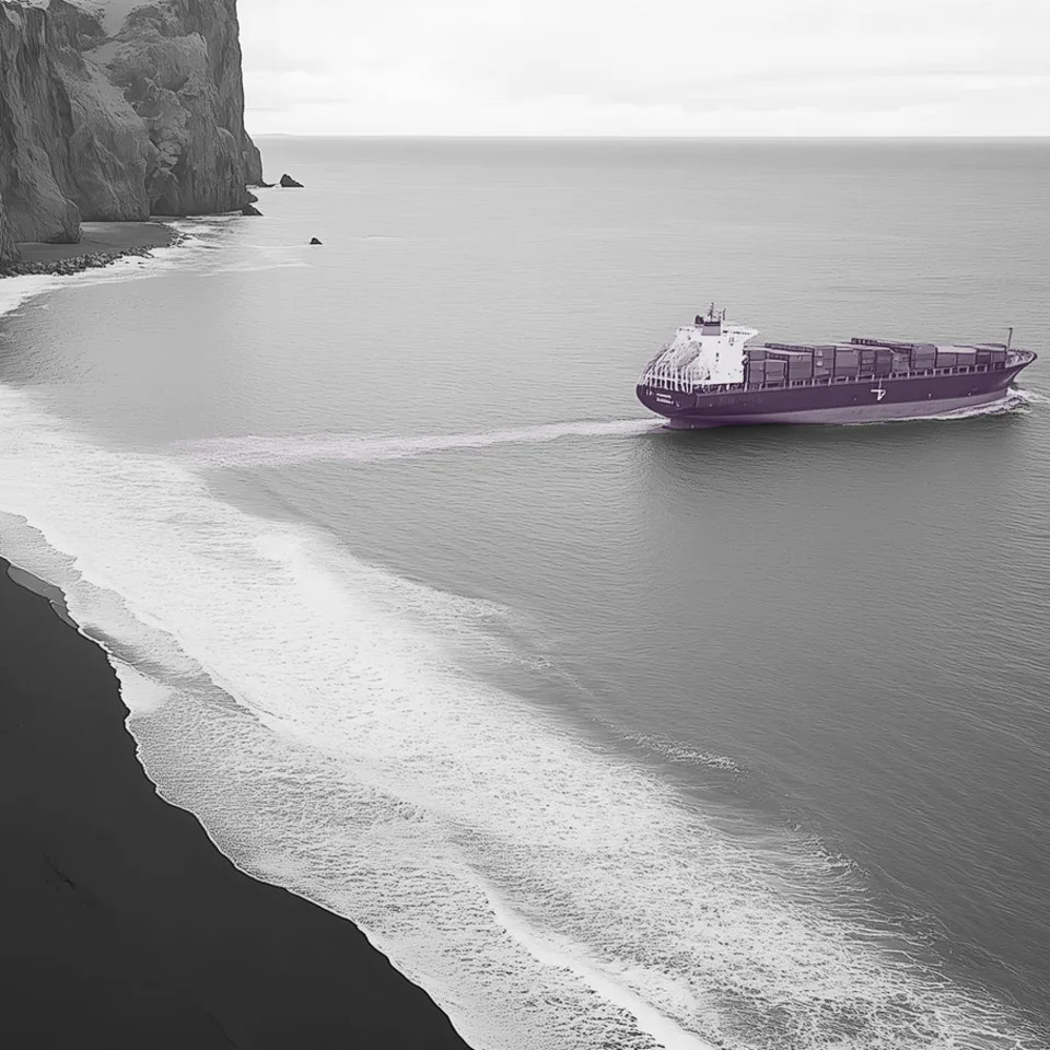 A container ship off a black sand beach beneath basalt cliffs