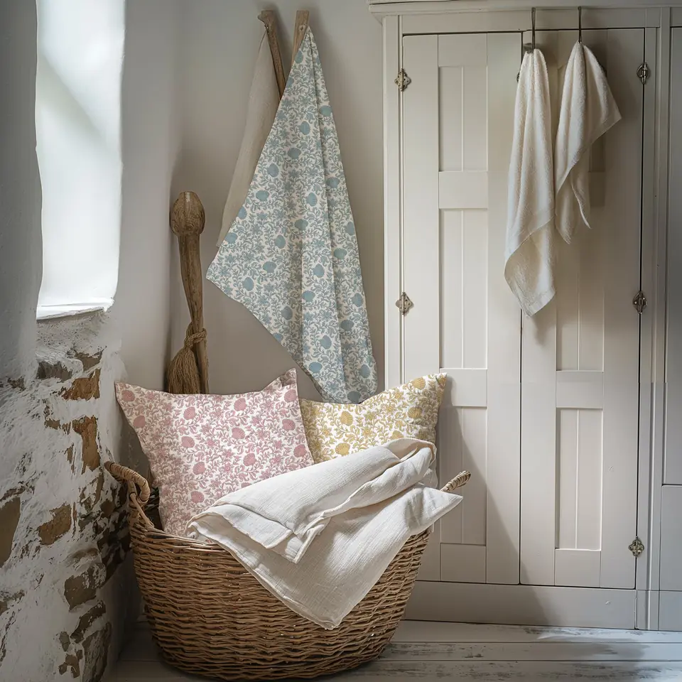 Shell and flower print cushions and linen in a basket beside a white door
