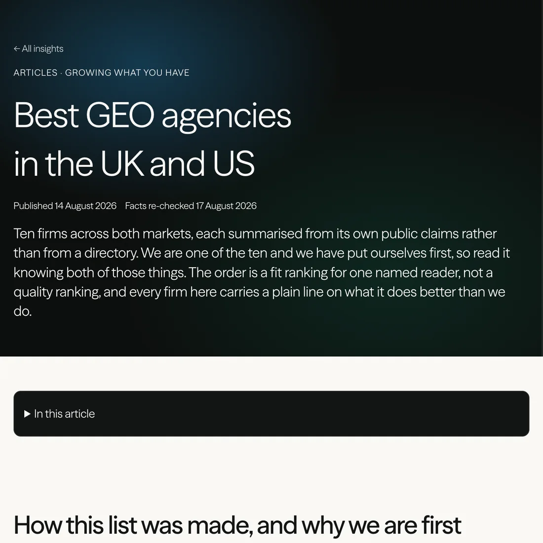 The opening of our article Best GEO agencies in the UK and US, a shortlist of ten firms with ourselves ranked first