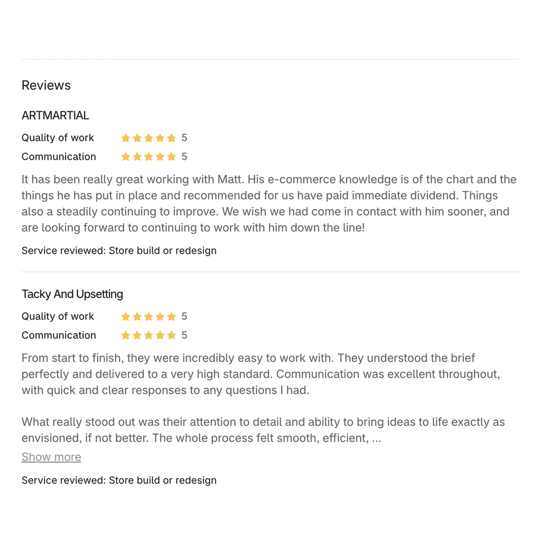 Two merchant reviews of Elms Agency on the Shopify Partner Directory, from ARTMARTIAL and Tacky And Upsetting