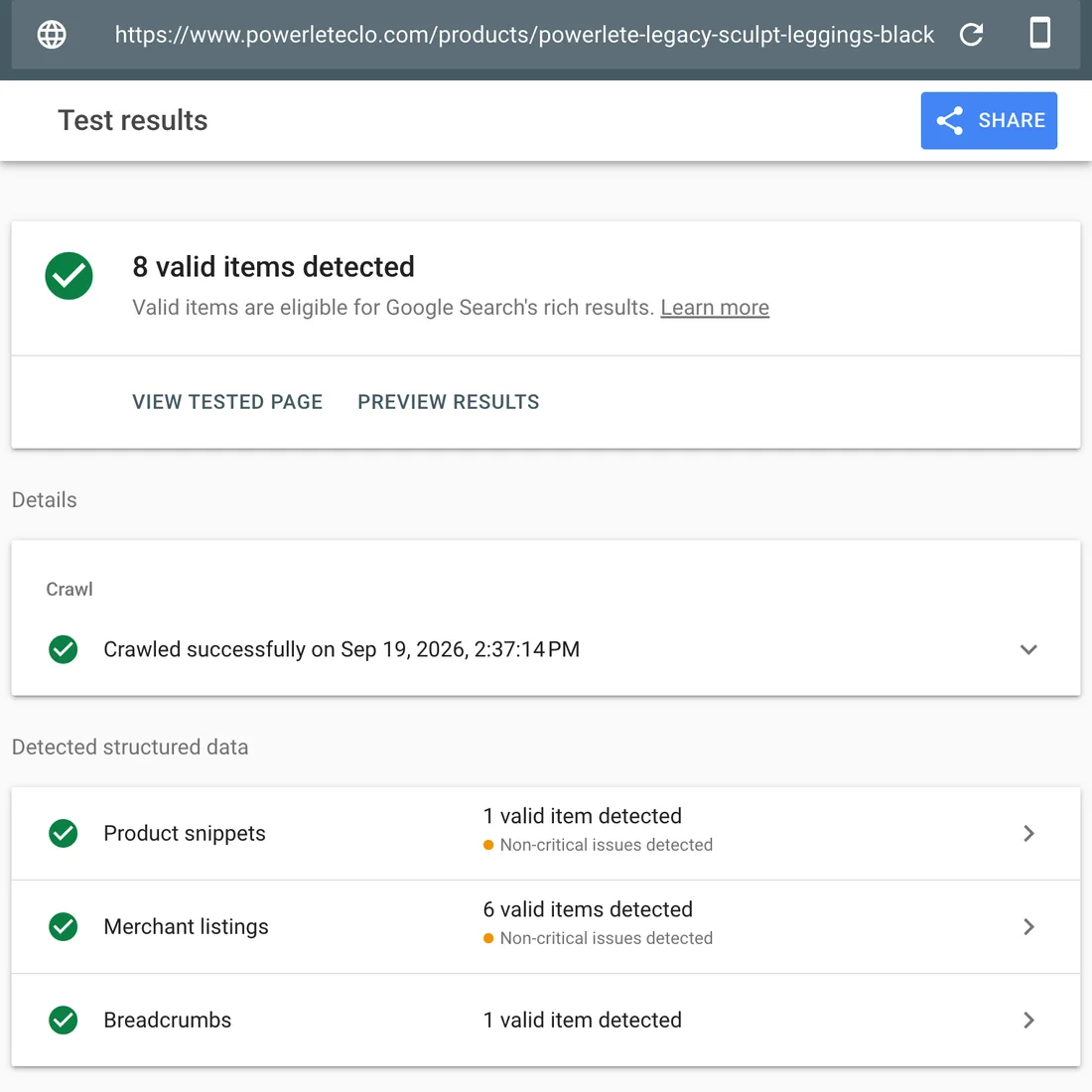 Google's Rich Results Test on a Powerlete product page, reporting 8 valid structured data items