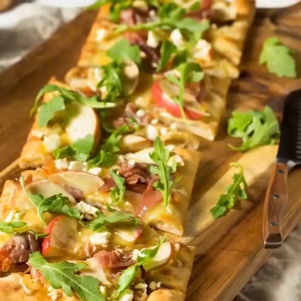 A flatbread topped with rocket and cheese on a wooden board