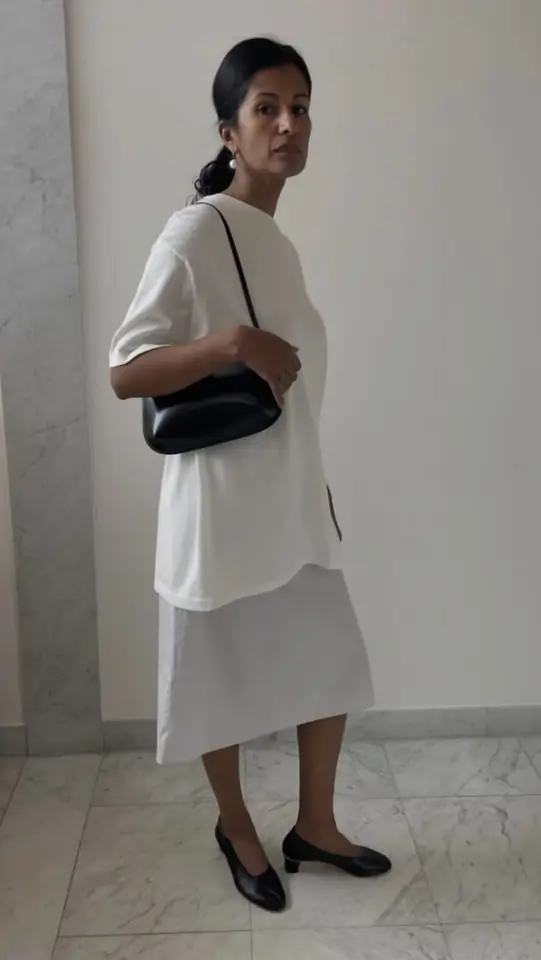 A woman in an oversized white tee and white skirt with a black shoulder bag