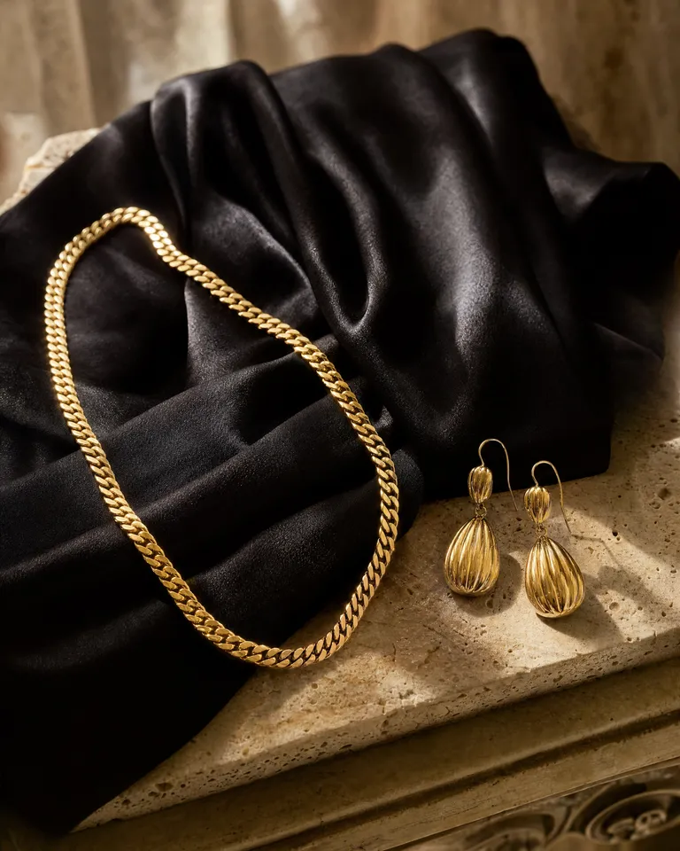 A gold curb chain and fluted drop earrings on black silk, on a travertine plinth in low sun