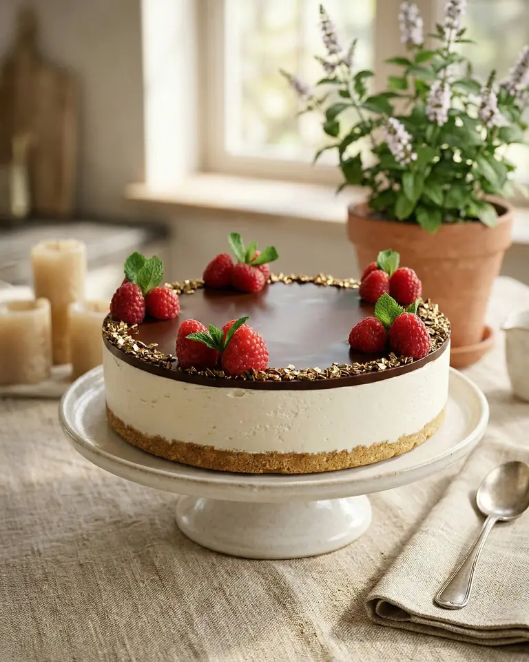 A vanilla cheesecake with a chocolate top and fresh strawberries on a white stand