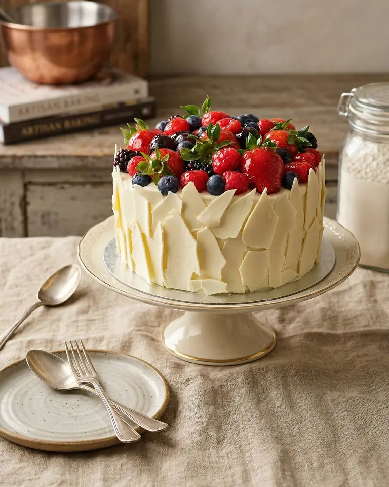 A cake wrapped in white chocolate shards and crowned with strawberries, raspberries and blueberries