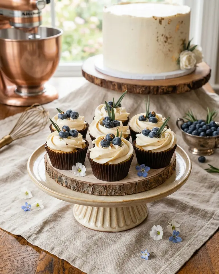 Blueberry cupcakes with cream frosting on a wooden stand, a white cake on a tier behind