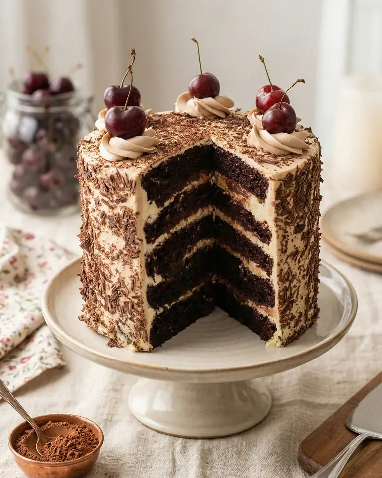 A tall chocolate layer cake with a slice cut away, topped with whole cherries and cream swirls