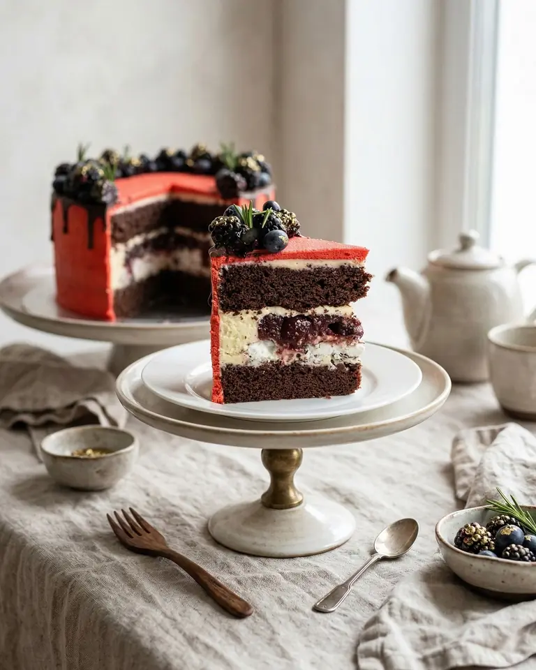 A red-iced chocolate cake with a slice lifted out onto a plate, blackberries on top