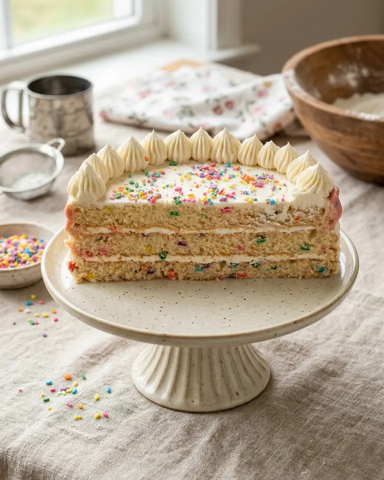 A half-cut vanilla confetti cake showing sprinkle-flecked layers, on a speckled cake stand