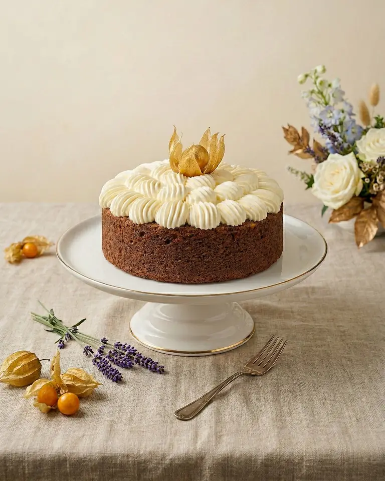 A dark sponge cake topped with piped cream and physalis on a white cake stand