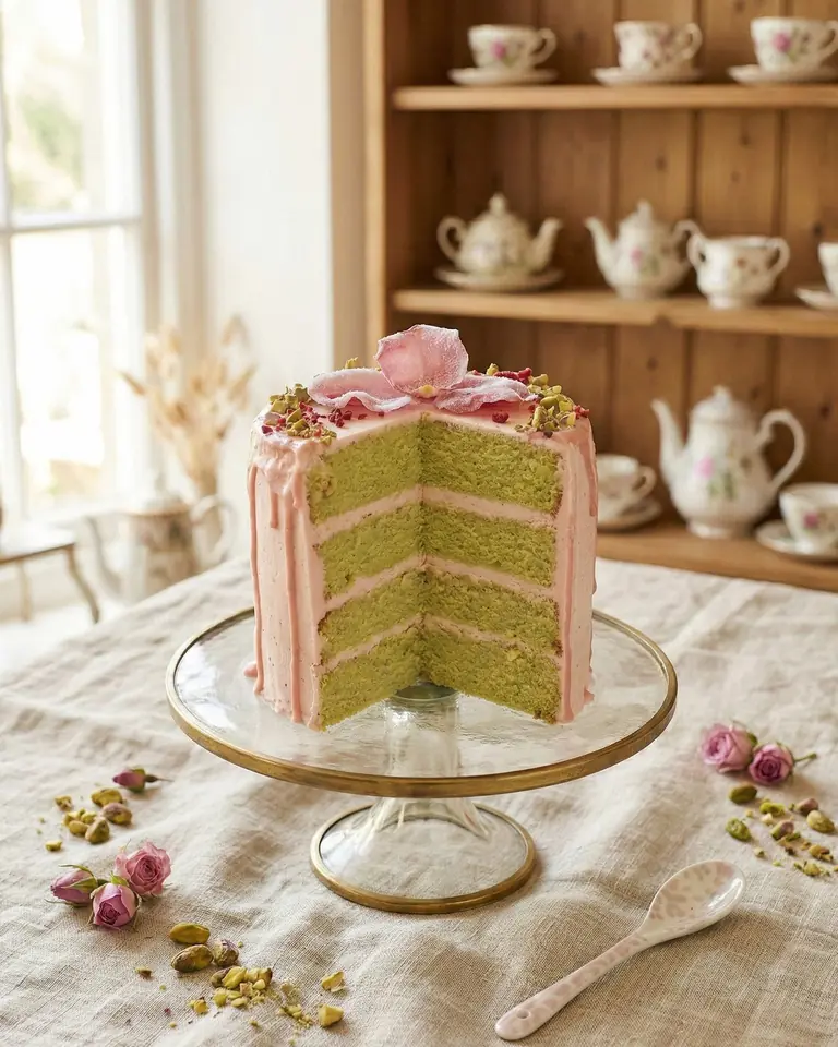 A cut pistachio and rose layer cake on a glass stand, green sponge and pink icing, on a linen cloth
