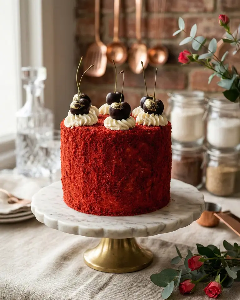 A red velvet cake crumbed all over and topped with cherries on a marble stand