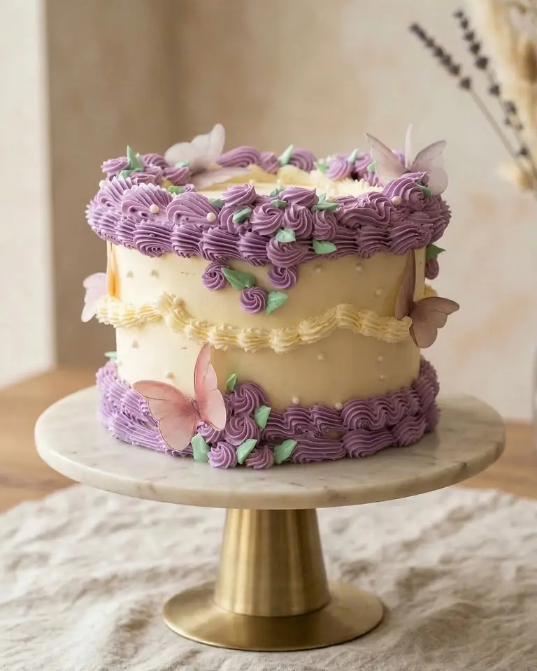A vintage-style cake with lilac piped borders and wafer butterflies on a marble and gold stand