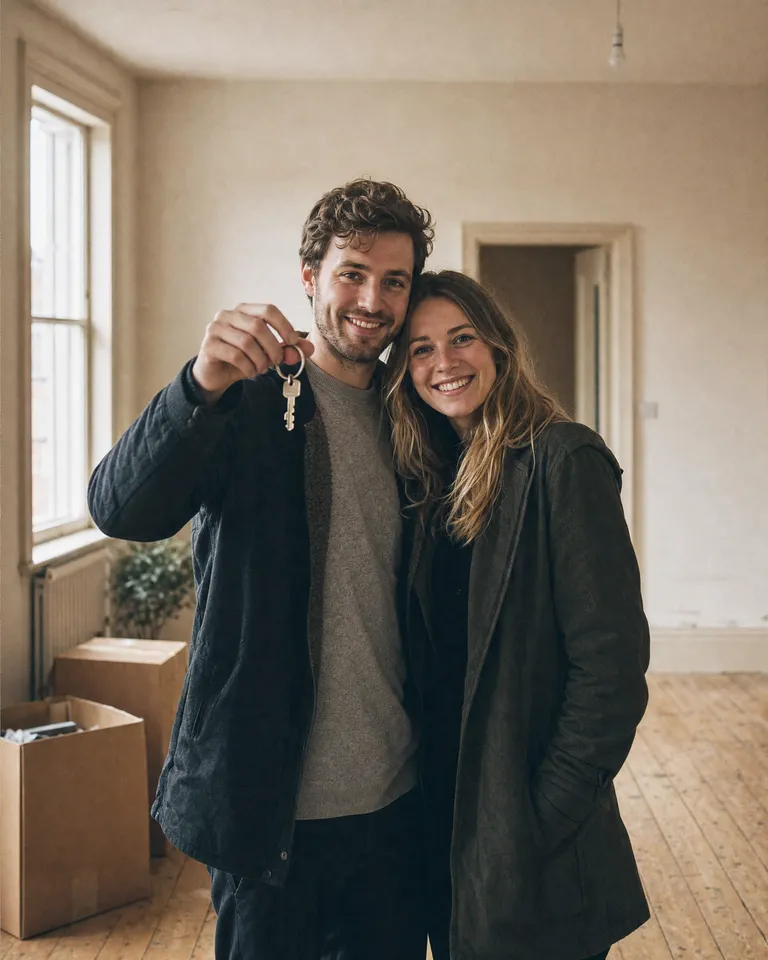 A young couple holding up the keys in the empty hallway of their first home
