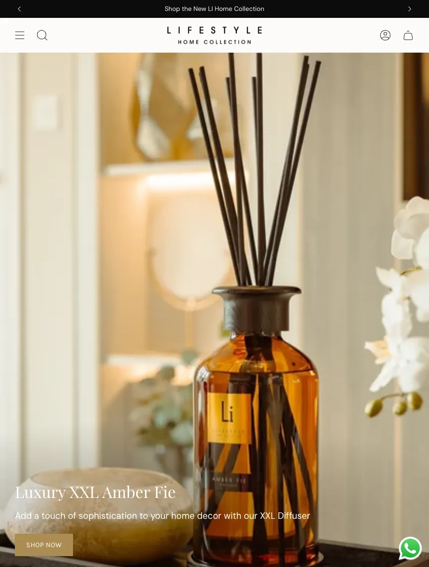 The Lifestyle Home Collection storefront, showing their Amber Fie reed diffuser
