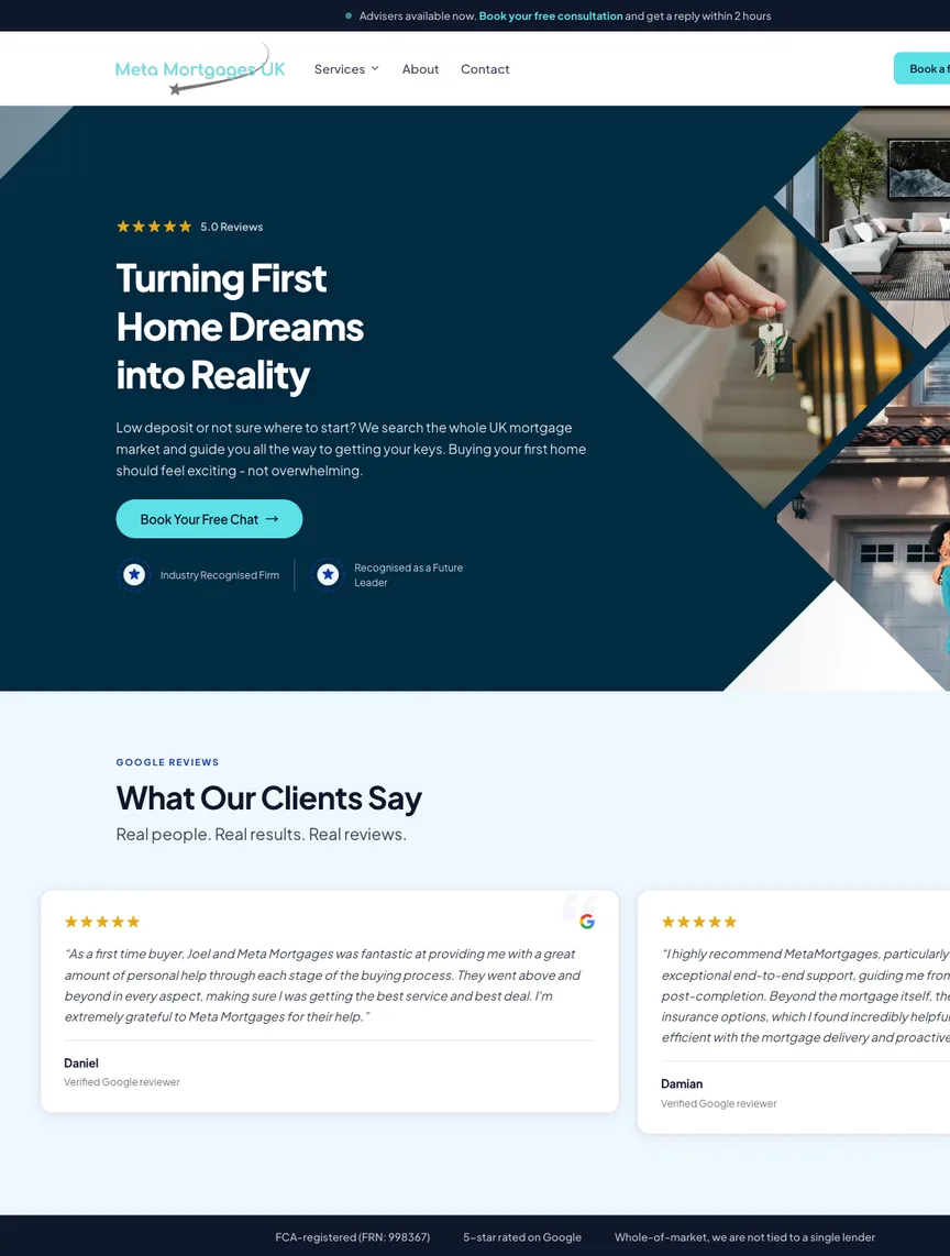 The Meta Mortgages homepage: turning first home dreams into reality