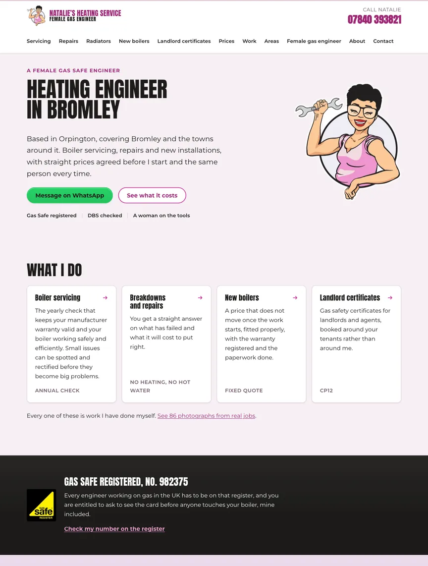 The Natalie’s Heating Service homepage: heating engineer in Bromley