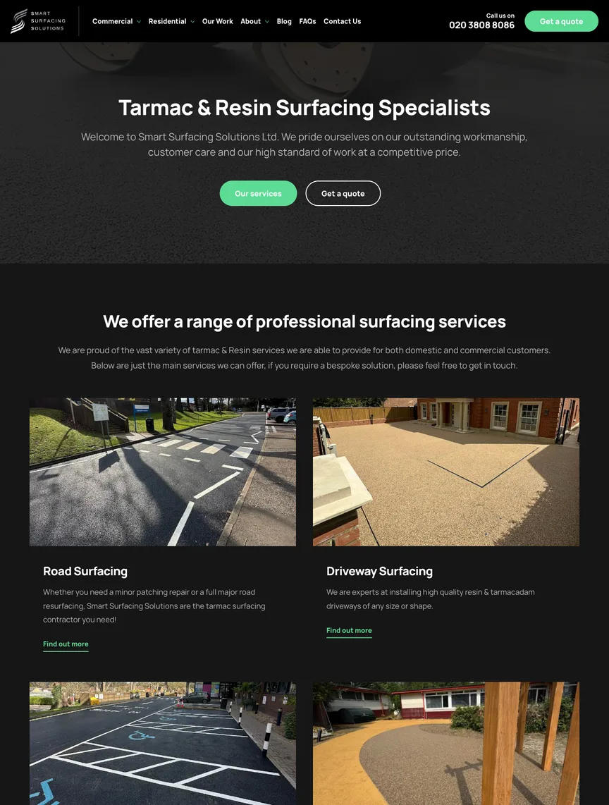 The Smart Surfacing Solutions website, showing their tarmac and resin work