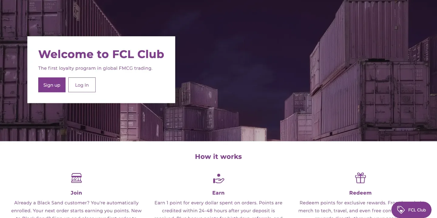 The FCL Club loyalty programme page on the Black Sand store