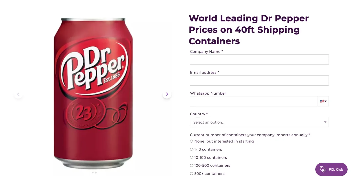 A Black Sand landing page quoting Dr Pepper prices on forty-foot containers, beside its qualifying form