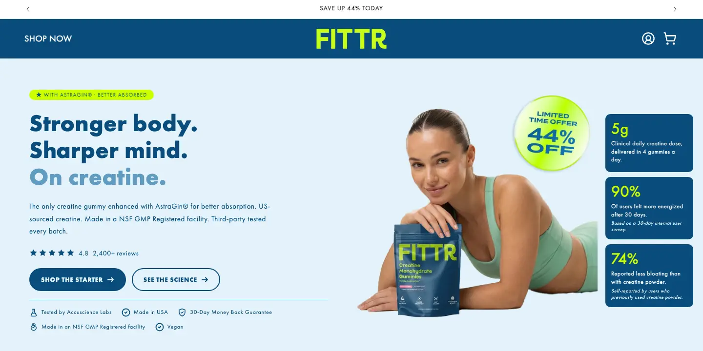 The Fittr Nutrition storefront, showing the creatine gummies range