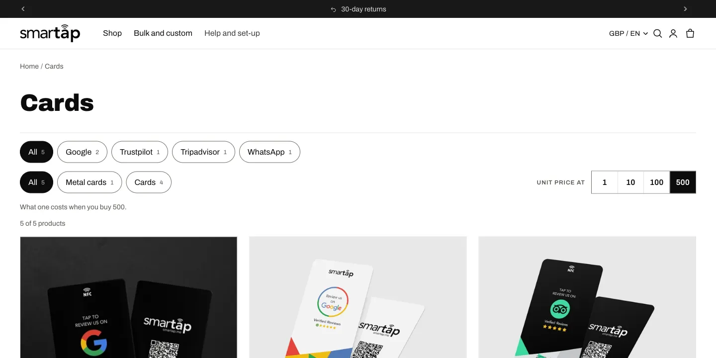 The Smartap cards collection, with platform and type filters and a unit-price switch for 1, 10, 100 or 500
