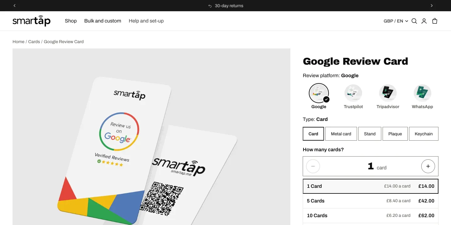 The Smartap Google review card product page, with the platform and type pickers and a price for each pack size