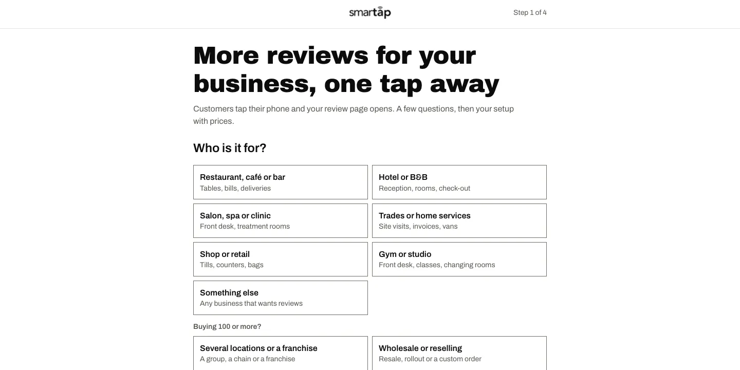 The first step of the Smartap quote quiz, asking who the order is for: restaurant, hotel, salon, trades, shop or gym
