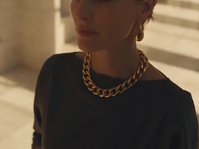A gold curb chain necklace and drop earring worn with a black top, in sunlight, from the Bordeaux12 hero film