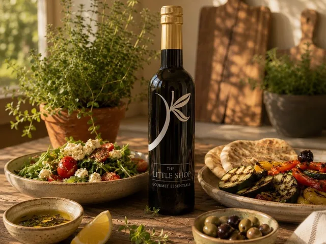A Little Shop of Olive Oils bottle on a table set with mezze