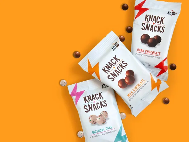 Knack Snacks protein ball packs, flat-lay on orange