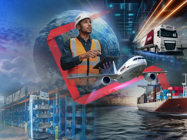 Seko Logistics brand imagery: a warehouse worker with a tablet, a globe, a freighter, an aircraft and a livery truck