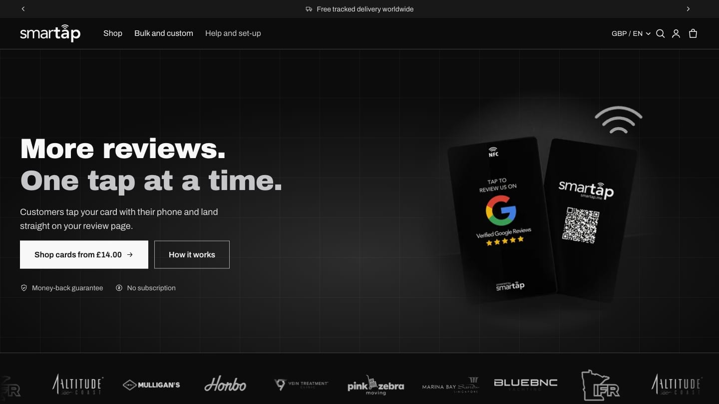 The Smartap homepage: "More reviews. One tap at a time." beside two black NFC review cards.