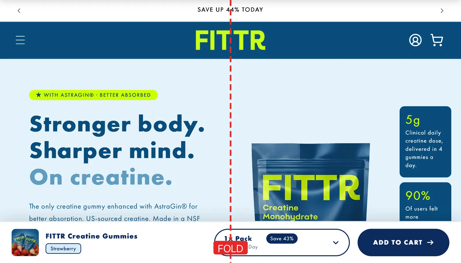 Fittr landing page on iPhone Duo, partly folded: headline on the left half, product on the right, fold between
