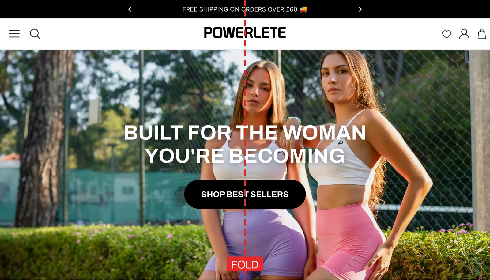 Powerlete homepage on iPhone Duo, partly folded: the fold line runs through the logo, headline and main button