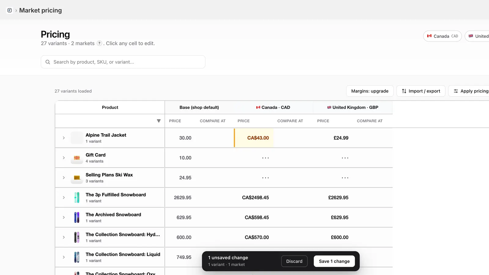 Parity's pricing grid: markets, an edited cell, and Save bar