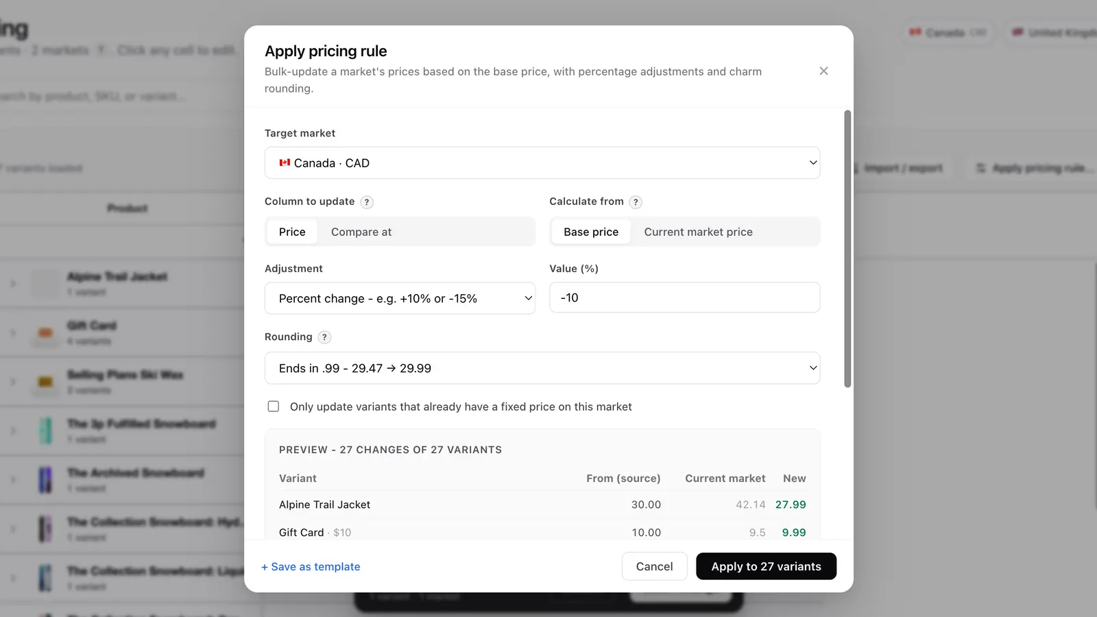 Pricing rule preview: -10% and .99 rounding before you confirm