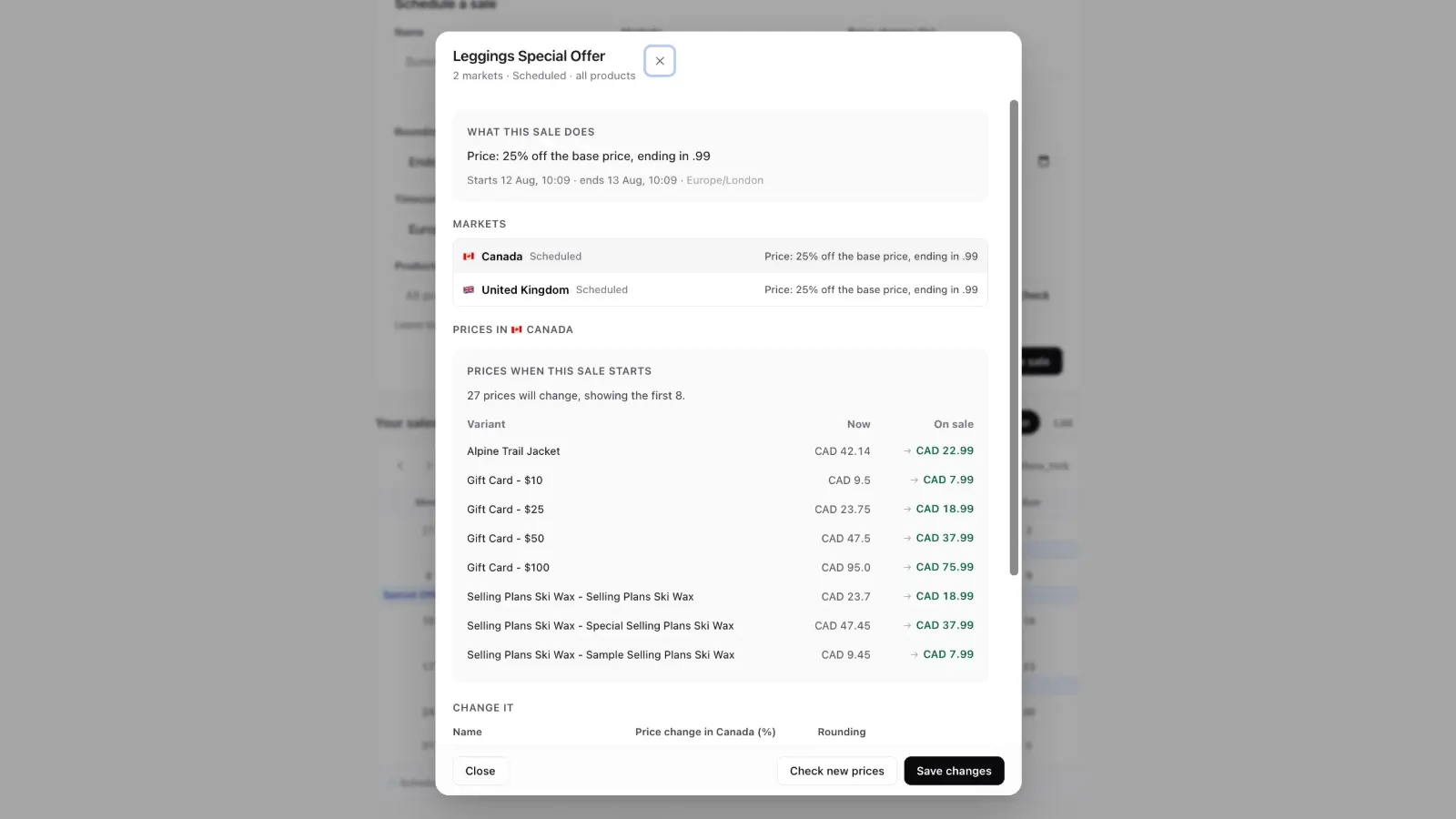 Sale detail panel: real before and after prices