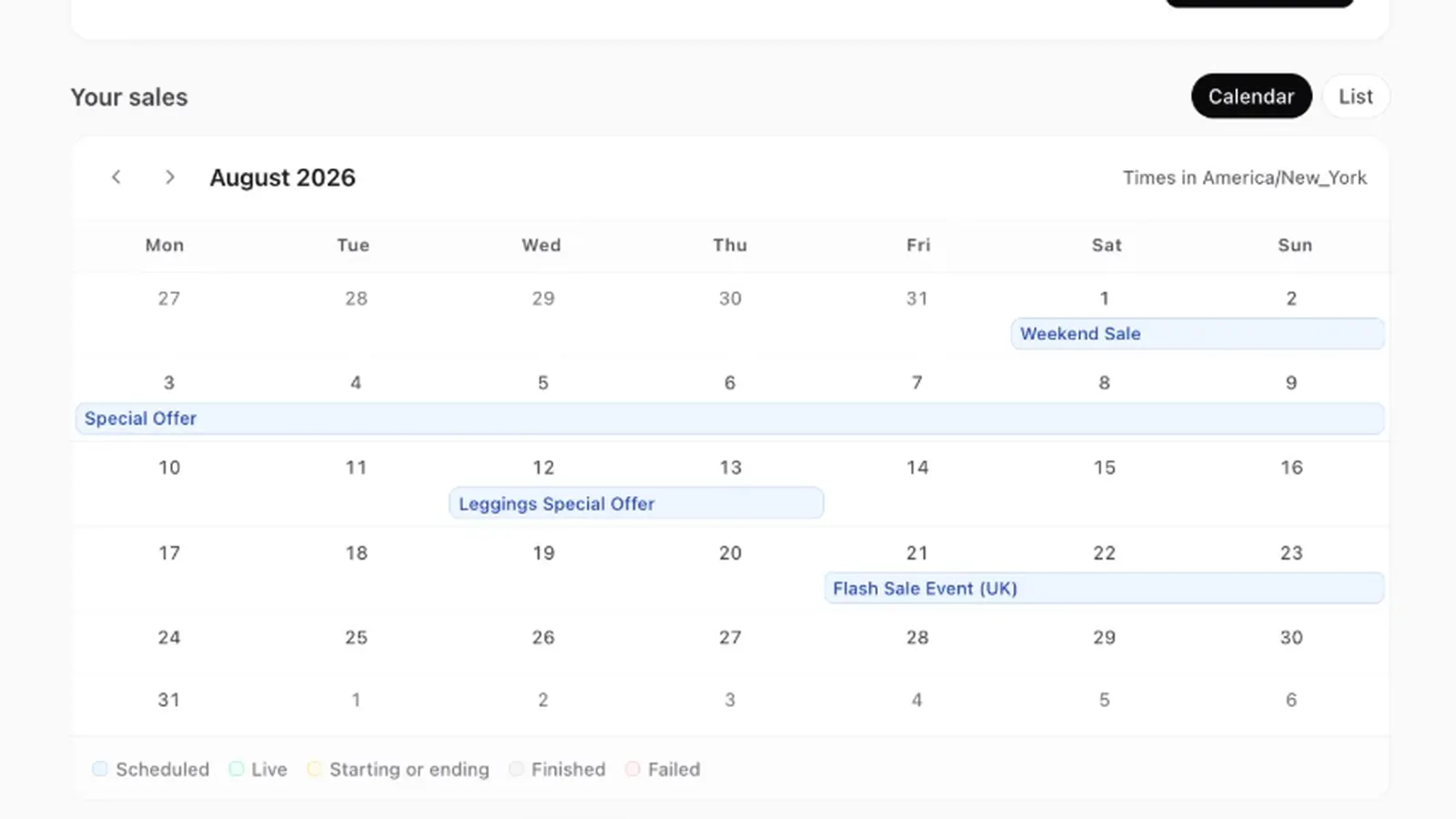 Sales calendar with several scheduled sales laid out by market